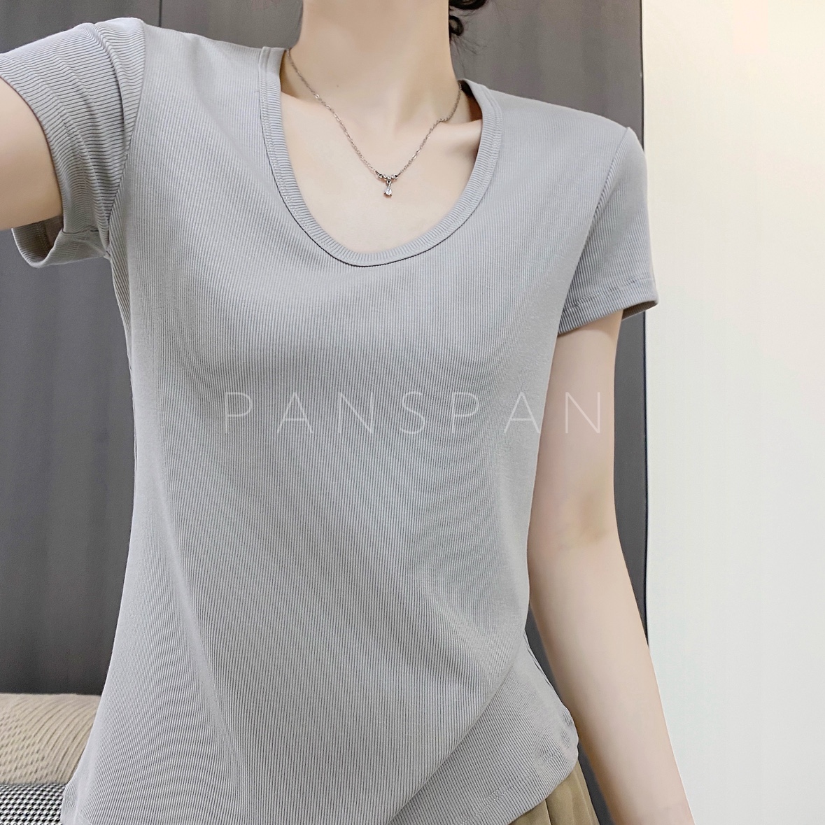 PAN天丝棉2*2螺纹大弹力显瘦修身U领短袖T恤清爽无压夏季202502
