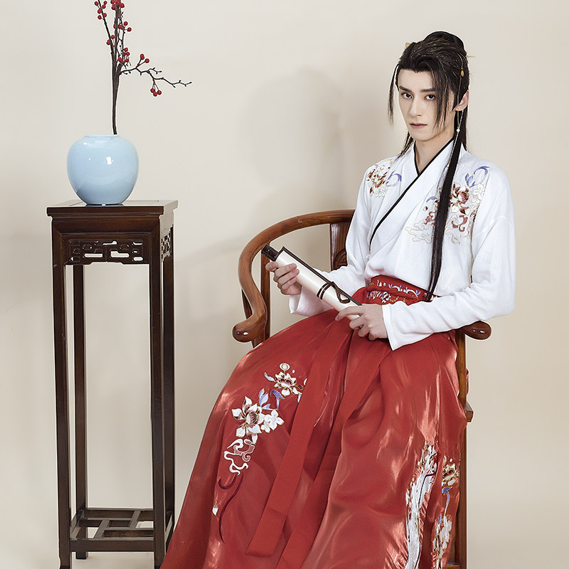 MO QIANYAN [KUI MULANG]  HANFU 남성 오리지널 디자인 자수 크로스 칼라 6미터 스커트 대형 소매 셔츠 정장