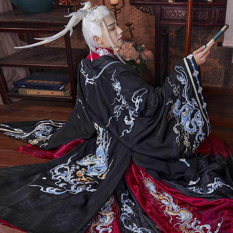 MO QIANYAN [LONG YIN] 남성과 여성을위한  오리지널 HANFU 중공업 자수 크로스 칼라 스커트 찢어진 스커트 JIN MADE 큰 소매 셔츠