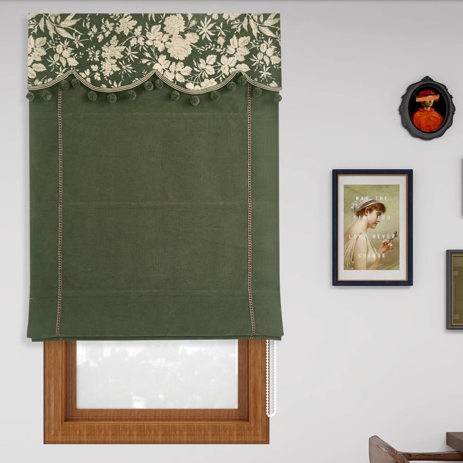 定制法式提花复古绿窗帘拉卷式双层罗马帘卷帘全遮光中古风扇形帘