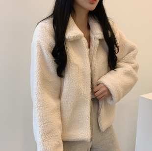 尺寸更新chic 韩国秋冬休闲时尚翻领羊羔毛加厚短款夹克棉衣外套