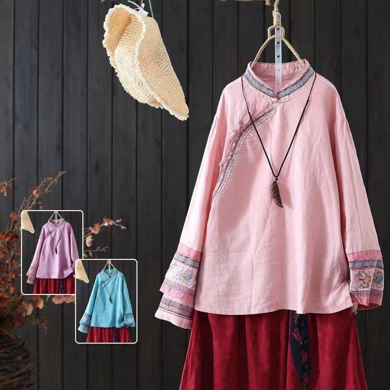春秋双层刺绣长袖立领斜襟盘扣棉麻上衣女中国风复古禅意茶服衬衫,女装/女士精品,衬衫,淘宝优惠券,粉丝福利购,淘宝优惠卷