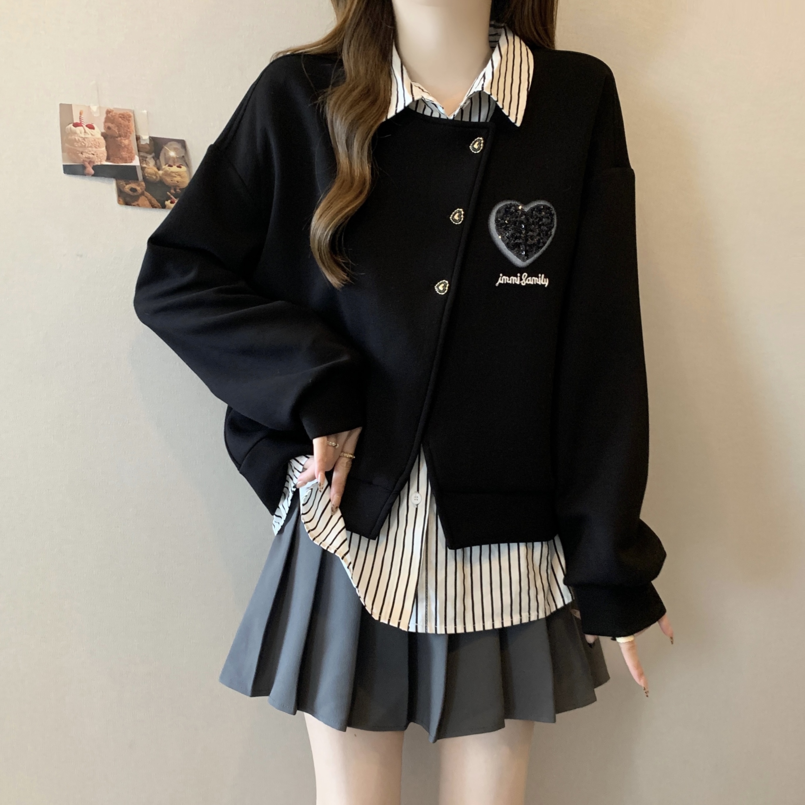 大码2024秋季新款条纹拼接衬衫卫衣女假两件松弛感穿搭宽松上衣