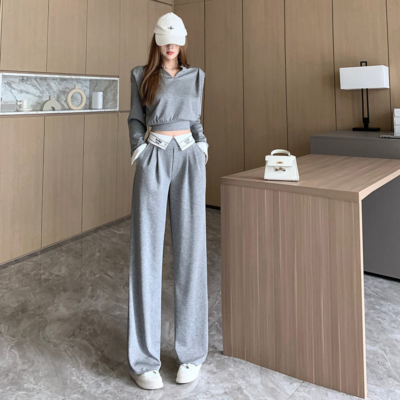 2024春季新款韩版拼接假两件V领上衣+阔腿长裤休闲卫衣时尚套装女,女装/女士精品,毛针织衫,淘宝优惠券,粉丝福利购,淘宝优惠卷