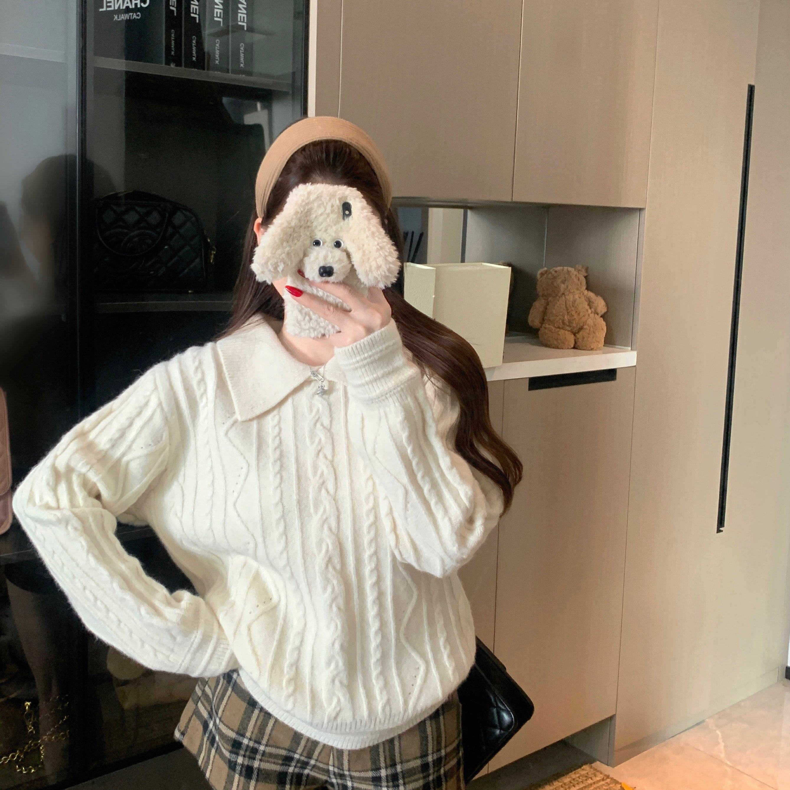 实拍 春季新款毛麻花编织大翻领毛衣套头长袖针织上衣