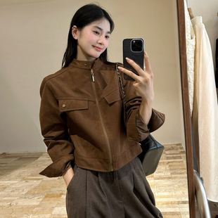 尺寸已更新 高级感气质复古鹿皮绒短外套小个子机车皮衣夹克 法式