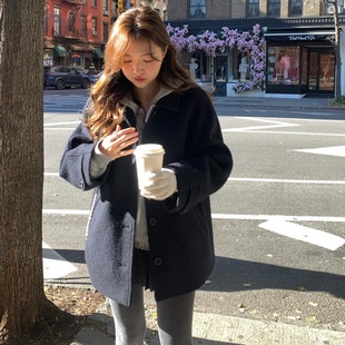 已出货韩国东大门复古气质休闲百搭单排扣羊驼毛大衣翻领毛呢外套