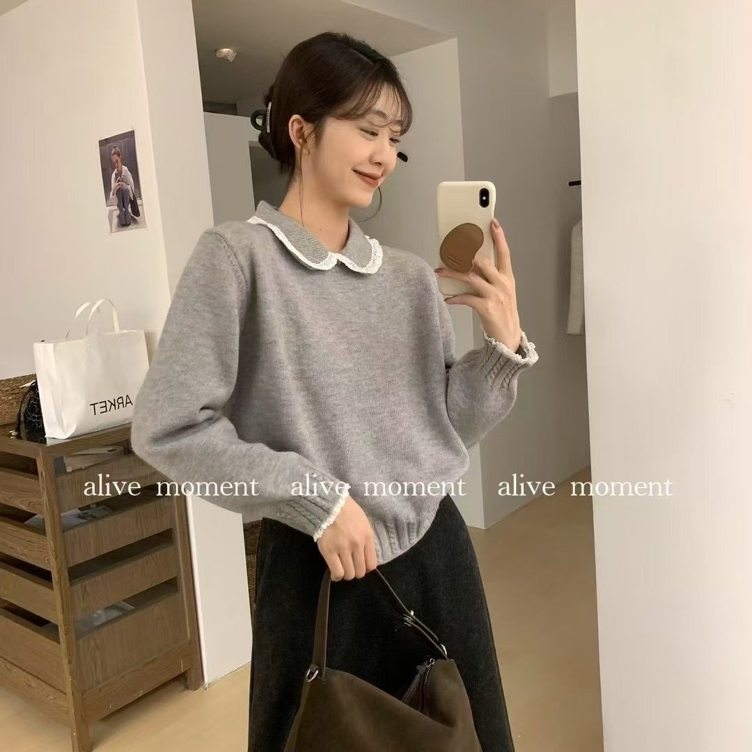 韩系娃娃领蕾丝花边套头毛衣女2024秋冬季新款宽松甜美针织衫上衣