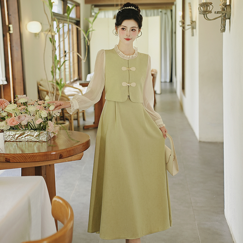 新款实拍 法式小香风连衣裙女秋新款假两件拼接裙子显瘦气质长裙