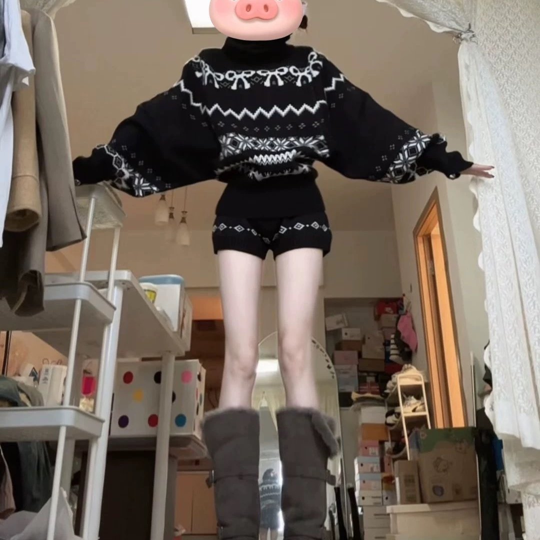 气质一整套ootd穿搭松弛感复古黑色费尔岛毛衣短裤两件套装2025冬