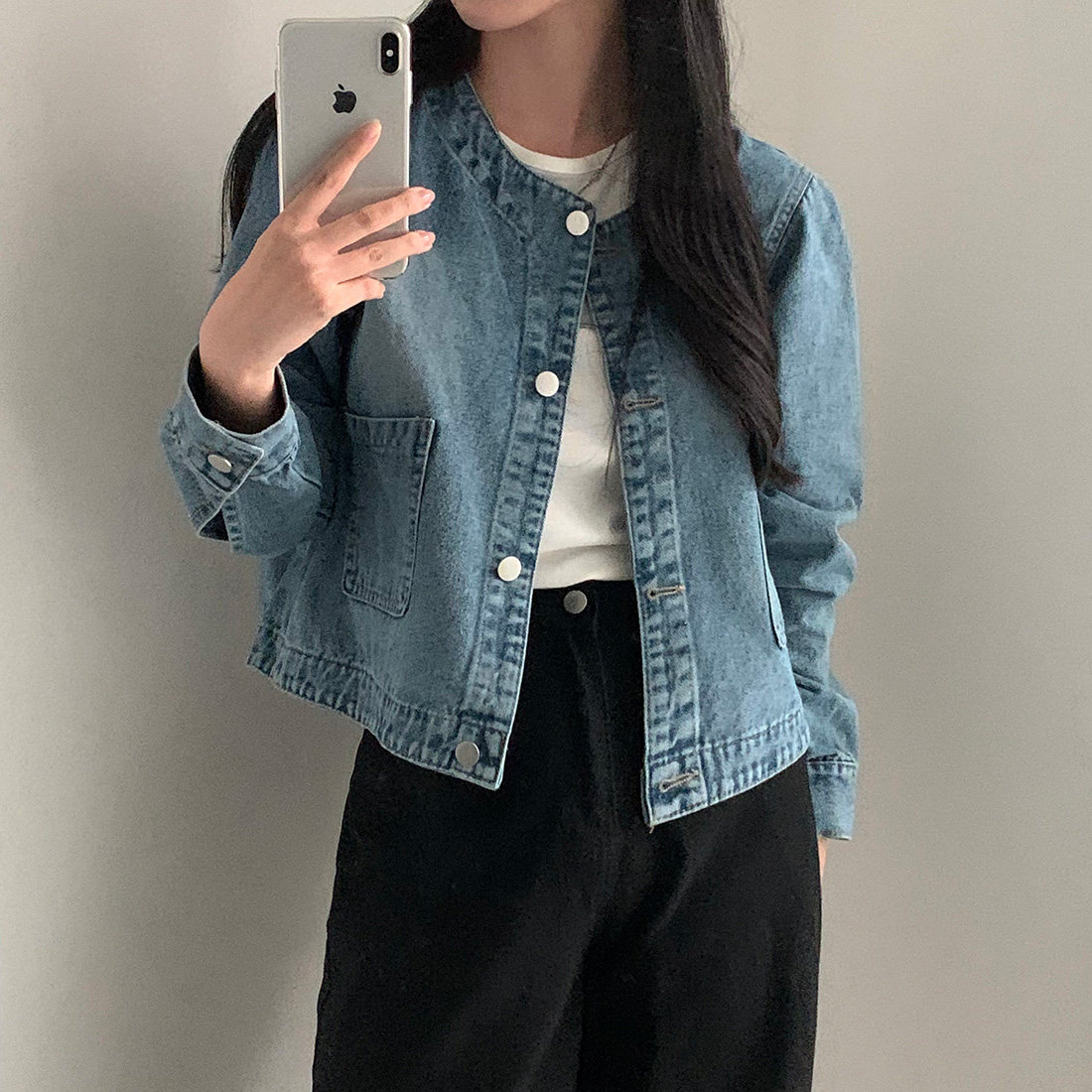 已出货秋新款复古单排扣无领双口袋宽松百搭短款牛仔短外套女,女装/女士精品,短外套,淘宝优惠券,粉丝福利购,淘宝优惠卷