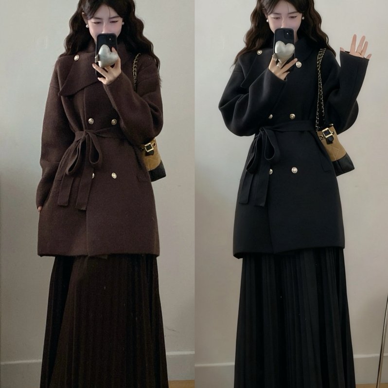 实拍大码女装秋冬新气质毛呢系带收腰显瘦外套+百褶半身裙两件套