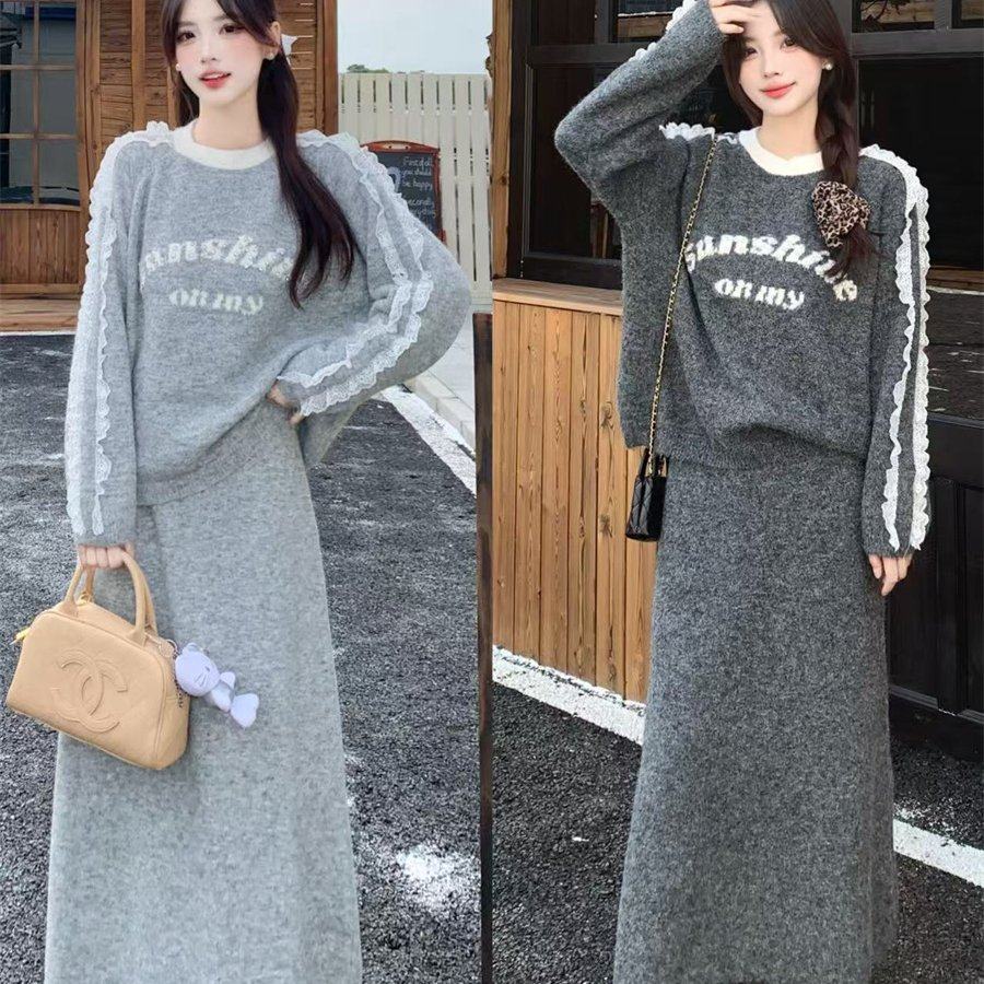 实拍大码新款韩系圆领蕾丝拼接字母设计感套头毛衣+半身裙两件套,女装/女士精品,大码套装,淘宝优惠券,粉丝福利购,淘宝优惠卷
