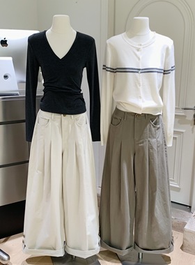 Goo Goo Eyes 折边阔腿裤纯棉压褶宽松休闲裤女秋季垂感拖地长裤