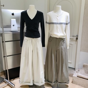 Eyes 垂感拖地长裤 折边阔腿裤 女秋季 纯棉压褶宽松休闲裤 Goo