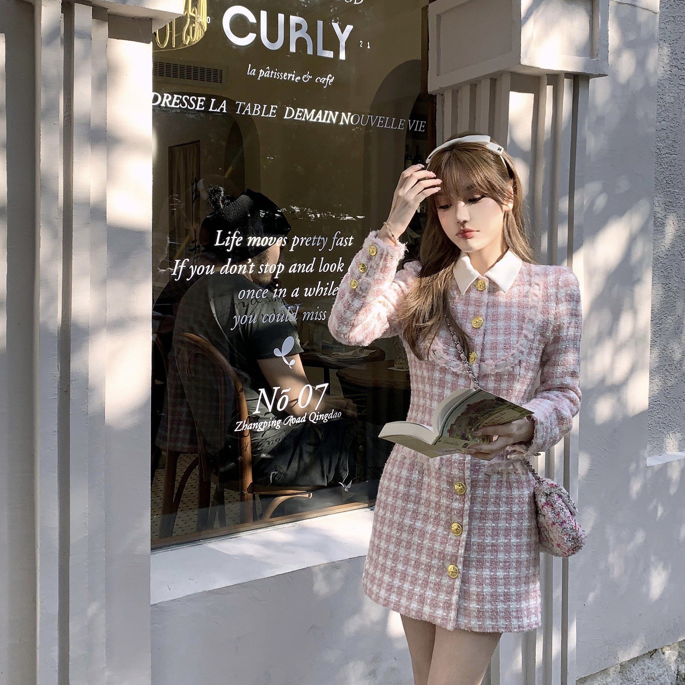 CHIC ME鎏金蜜桃罐 30%羊毛粗花呢衬衫连衣裙粉格小香风秋冬裙子,女装/女士精品,连衣裙,淘宝优惠券,粉丝福利购,淘宝优惠卷