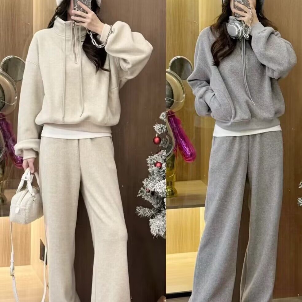 秋冬加绒卫衣套装女2025新款休闲高级感港风减龄阔腿裤运动两件套