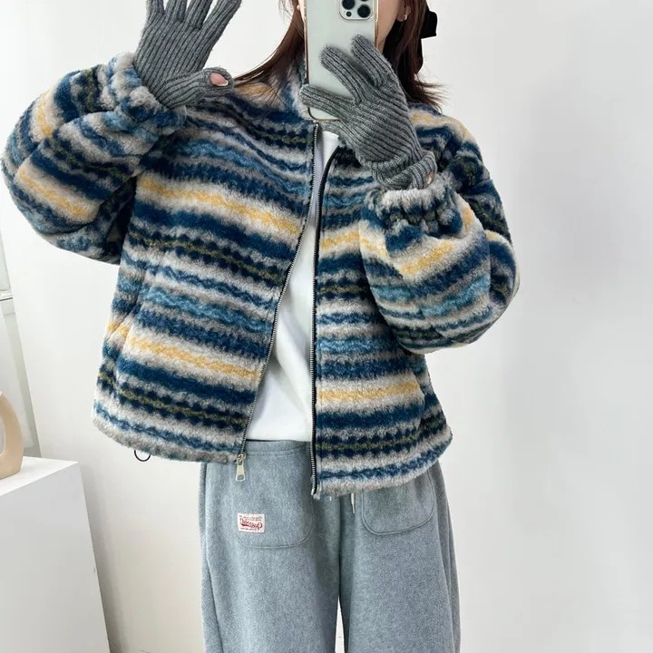 chic韩版冬季新款复古条纹立领慵懒毛毛加厚保暖皮毛一体卫衣外套,女装/女士精品,毛呢外套,淘宝优惠券,粉丝福利购,淘宝优惠卷