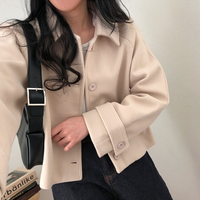 chic 韩系冬季复古温柔减龄翻领单排扣慵懒百搭毛呢短款夹克外套,女装/女士精品,毛呢外套,淘宝优惠券,粉丝福利购,淘宝优惠卷