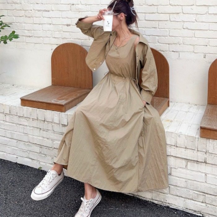 韩国官网新款 无袖收腰长裙+小外套开衫时尚两件套装连衣裙有口袋,女装/女士精品,时尚套装,淘宝优惠券,粉丝福利购,淘宝优惠卷