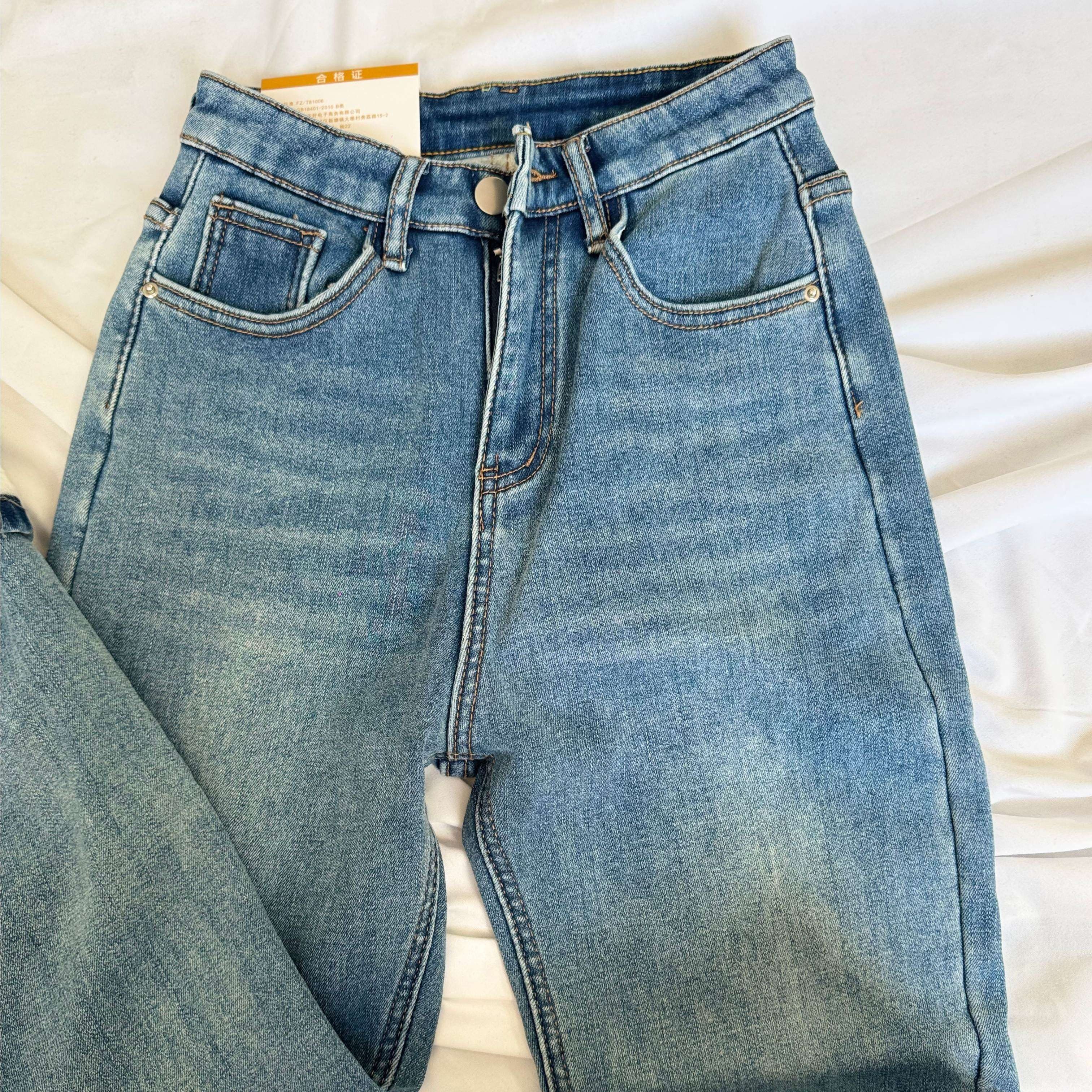 复古加绒直筒牛仔裤女2025秋冬新款弹力小个子百搭显瘦法棍烟管裤