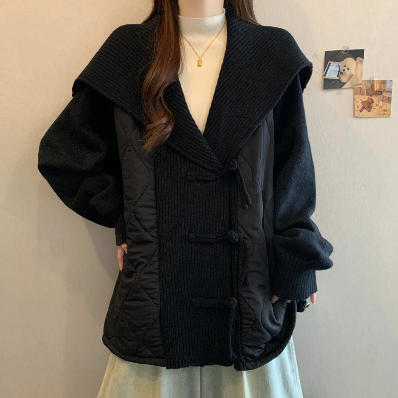 法式绝美翻领秋冬季新款慵懒气质宽松时尚显瘦针织毛衣拼接棉衣女