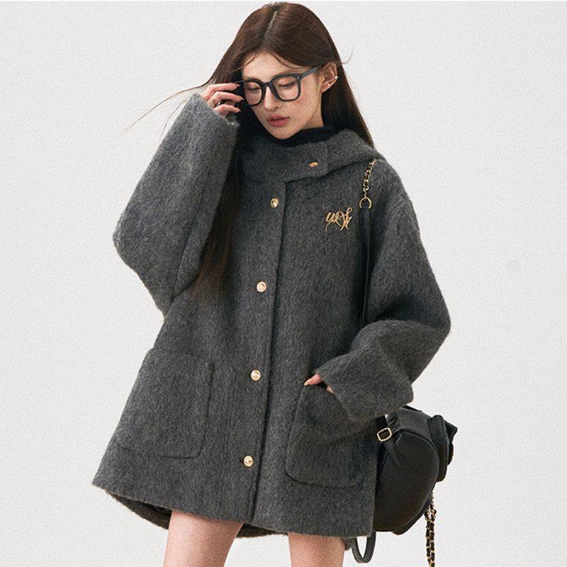 慵懒风连帽毛呢外套女2025冬季新款复古高级感中长款加厚呢子大衣,女装/女士精品,毛呢外套,淘宝优惠券,粉丝福利购,淘宝优惠卷