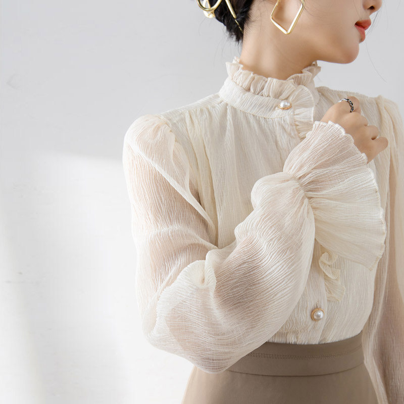 2024秋季复古法式宫廷木耳立领蕾丝杏色衬衫女喇叭袖别致上衣,女装/女士精品,衬衫,淘宝优惠券,粉丝福利购,淘宝优惠卷