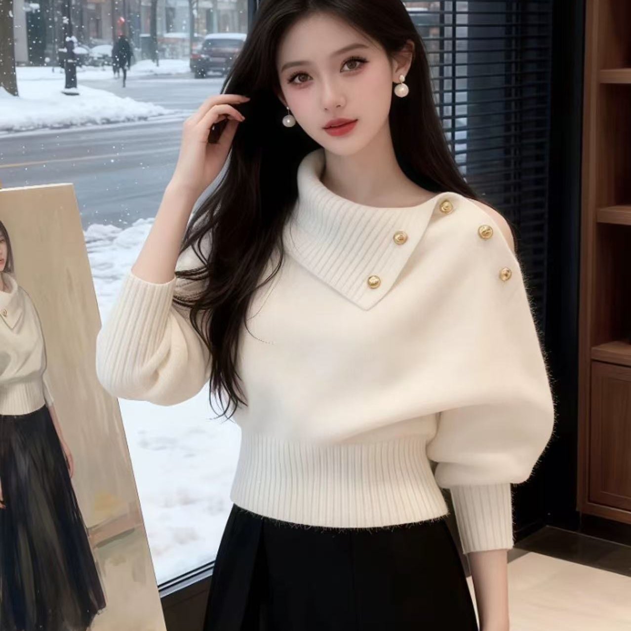 时尚轻熟风翻领泡泡袖毛衣女装2025秋冬新款洋气氛围感针织衫上衣