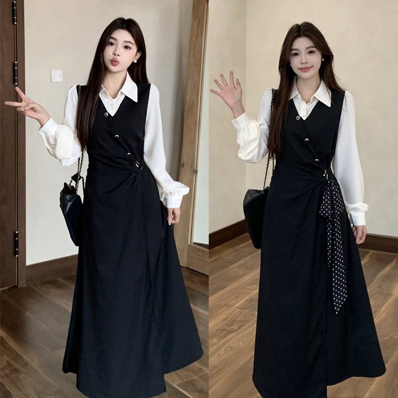 实拍 大码2025秋新款学院风假两件设计感收腰不规则连衣裙送丝带