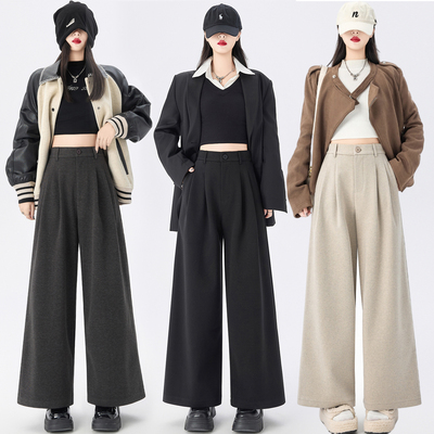 毛呢阔腿裤女秋冬季小个子加厚八分搭配马丁靴宽松九分直筒裤子