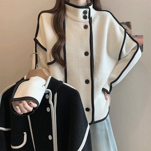实拍2024秋冬新款大码女装时尚气质设计撞色百搭韩国绒上衣外套