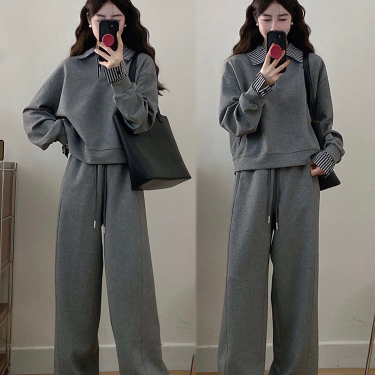 实拍~胖mm韩系chic灰色休闲运动套装时尚卫衣阔腿裤长裤两件套