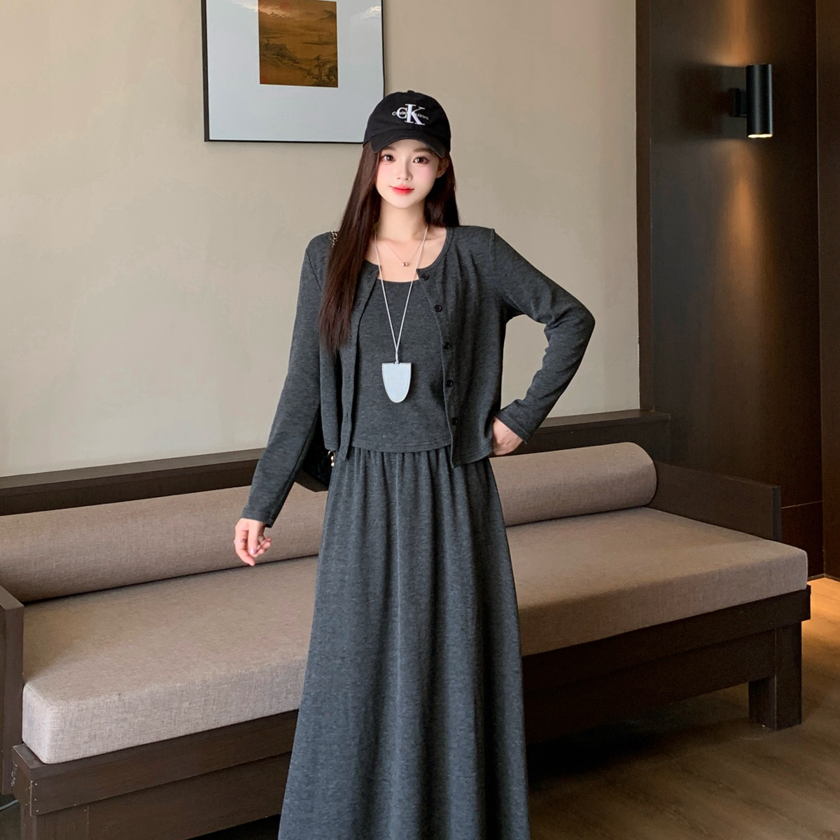 实拍2025秋季新款大码胖mm长袖开衫百搭背心A字半身裙休闲三件套,女装/女士精品,大码套装,淘宝优惠券,粉丝福利购,淘宝优惠卷