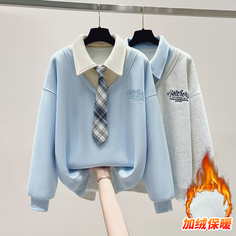 实拍2025年冬季新款女装卫衣加绒加厚学院风长袖宽松时尚假两件