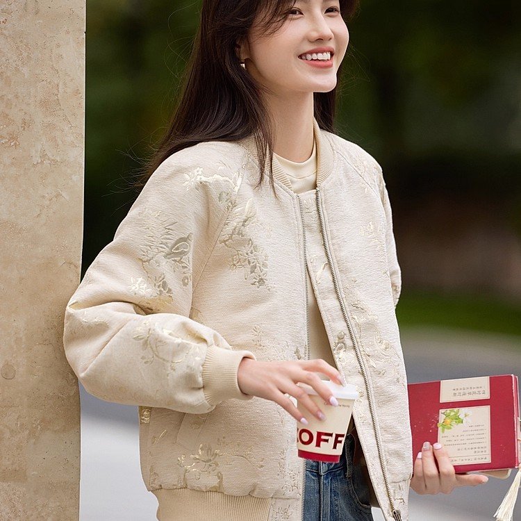 新中式提花肌理感棒球服外套女2025秋季今年流行国风夹克上衣