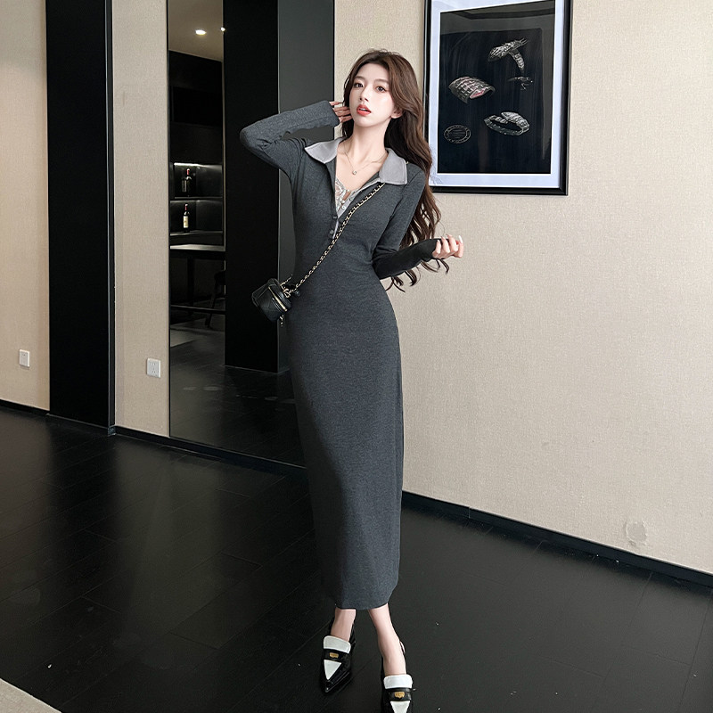 实拍秋冬新款Polo领翻领时尚蕾丝假两件修身针织连衣裙长袖设计感,女装/女士精品,连衣裙,淘宝优惠券,粉丝福利购,淘宝优惠卷