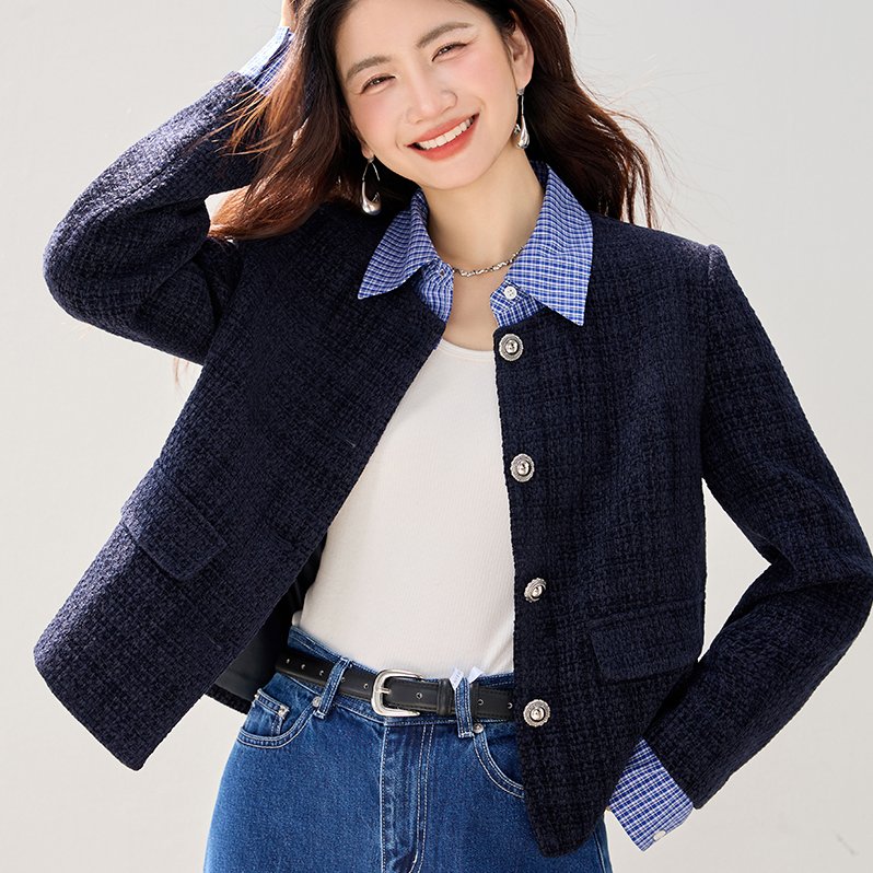 可拆卸领2025冬季新款复古假两件拼接香风肌理外套翻领宽松短款女