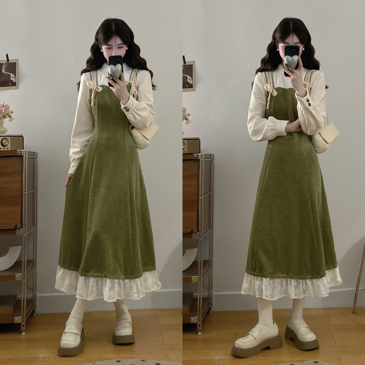 实拍 绿光森林大码秋冬新款法式复古显瘦假两件设计感连衣裙