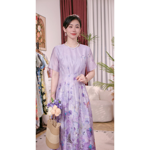短袖时尚复古连衣裙紫蝶兰香26008