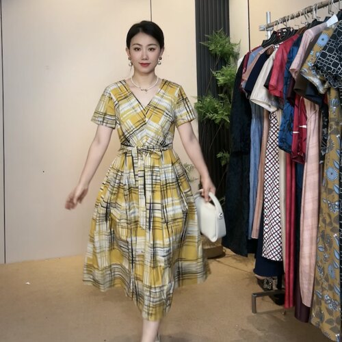 显瘦气质中长款格子收腰收腰女装连衣裙13121