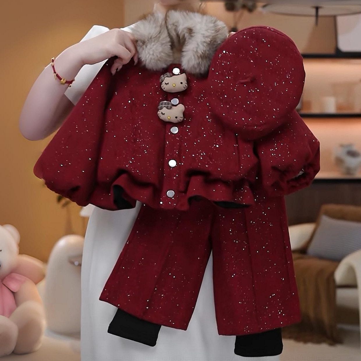 女童冬装拜年服套装加绒加厚小女孩儿童两件套宝宝洋气新年衣服潮