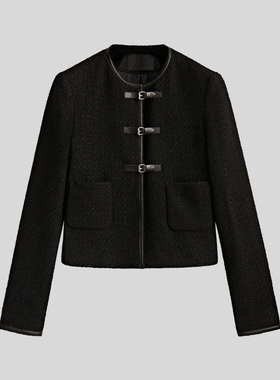 双12忑价MD女装 秋冬CL风修身卡扣黑色短款外套 圆领通勤夹克上衣