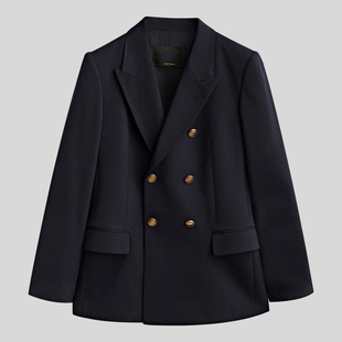 早秋新款 MD高端女装 藏青色通勤休闲金属双排扣羊毛西装外套上衣