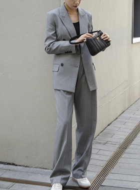 犀利哥 之禾原 春秋老钱风职场OL风灰色羊毛打褶长款西装裤子女