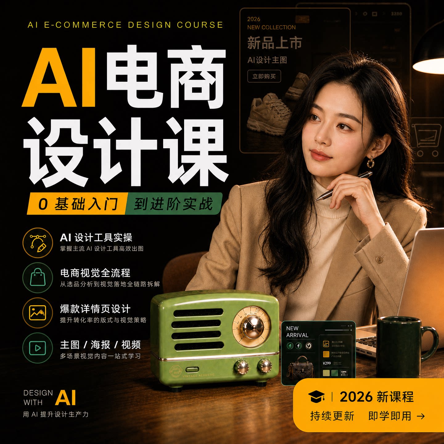 AI最新电商设计视频系统课零基础产品案例LibTV即梦2026新版教程