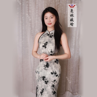 亮林婉瑜2025新款水墨画年轻款气质修身少女改良连衣裙无袖旗袍