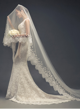月下相恋新款新娘结婚韩式拖尾蕾丝花朵头纱超长款定制软密网纱
