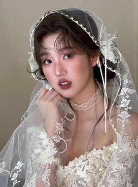 新娘结婚白色蕾丝花边订婚头纱超仙法式复古新娘高级感婚纱礼服配