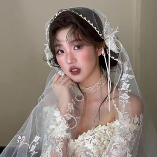 新娘结婚白色蕾丝花边订婚头纱超仙法式复古新娘高级感婚纱礼服配